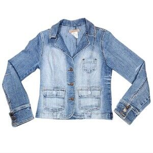 Vintage Y2k Paris Blues Jean Jacket 90s Denim Blazer Blue Faded Fitted Burnout S
